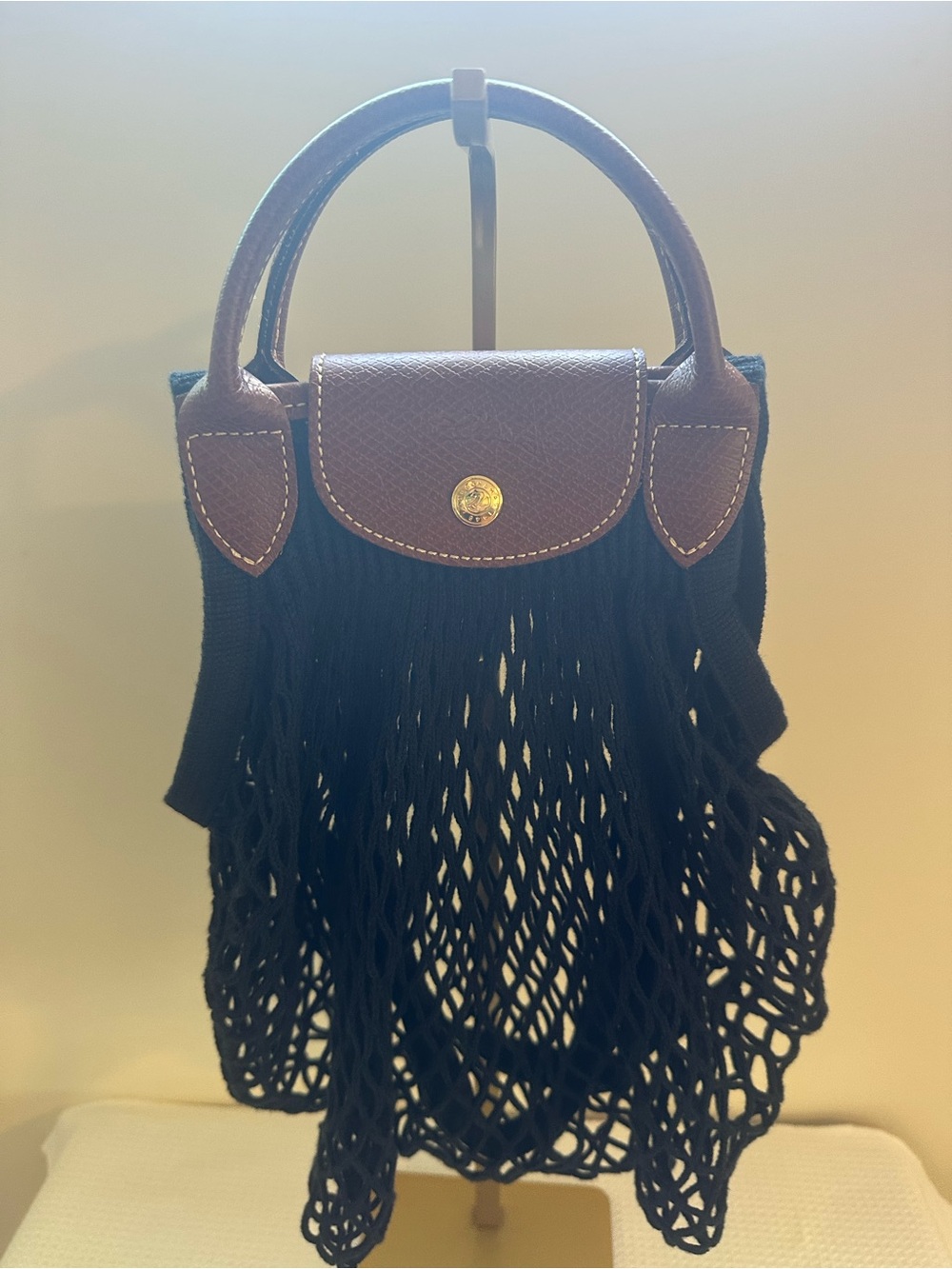 LONGCHAMP - Black Mesh Tote with Brown Leather Trim
